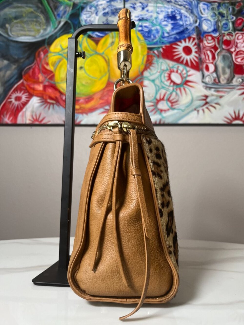 Elaine Turner Celeste Cheetah Haircalf Bamboo Convertible Satchel Backpack - Picture 5 of 16